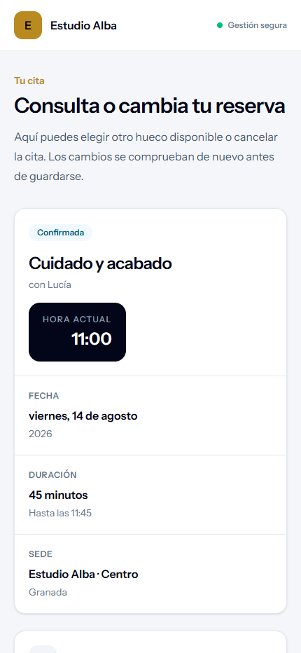Página real y privada de AgendaByte para consultar, reprogramar o cancelar una cita.