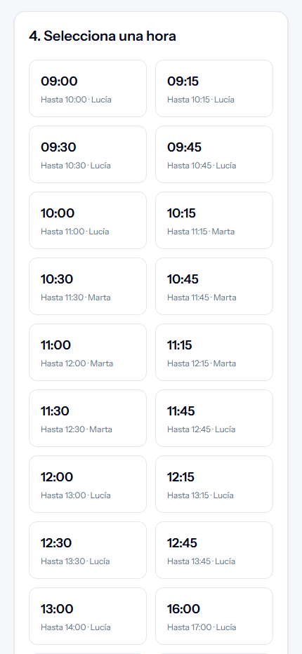 Selector real de horas disponibles de la reserva pública de AgendaByte.