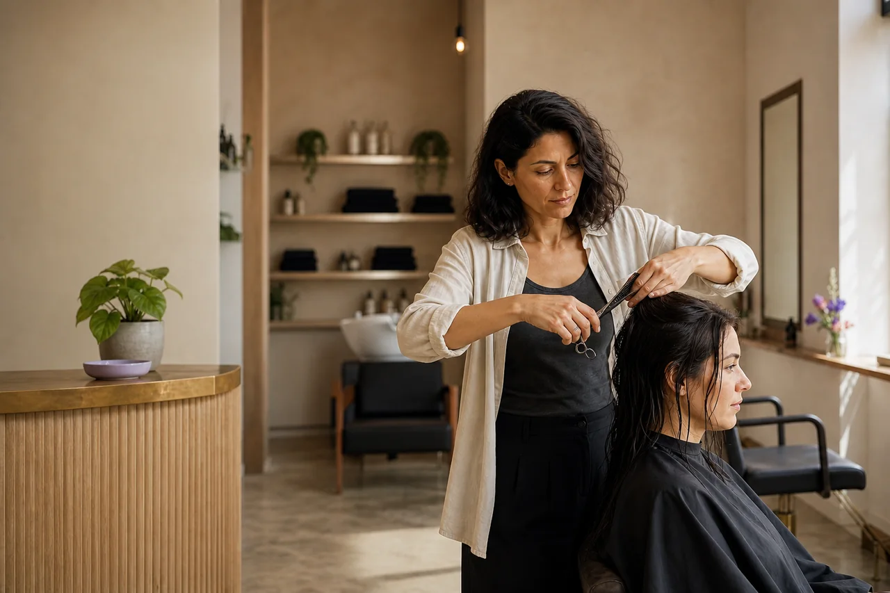 Lucía corta el pelo a una clienta mientras continúa la actividad del estudio.